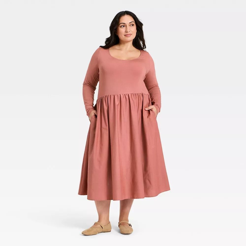 Women's Long Sleeve Knit Midi A-Line Dress - Ava & Viv Mauve 3X